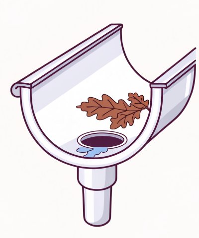 Schematische doorsnede van een open dakgoot met bladeren op de bodem.